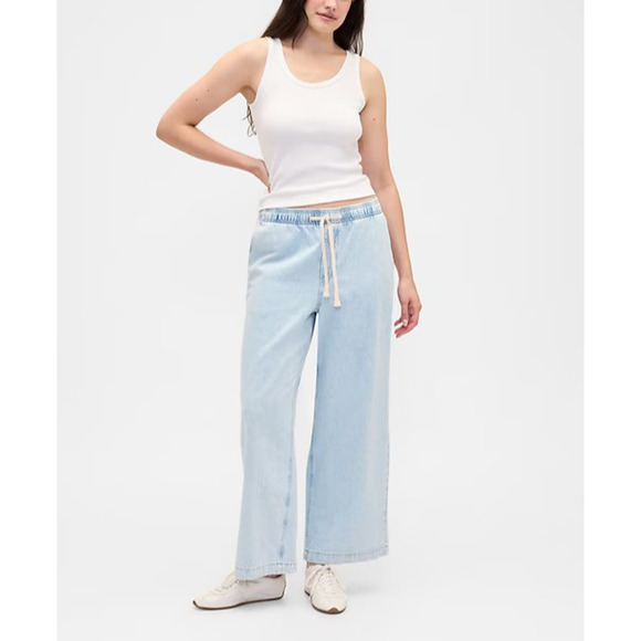 Gap High Rise Pull On Wide Leg Jeans Light Wash Blue Denim Elastic Waist Small - Picture 14 of 14